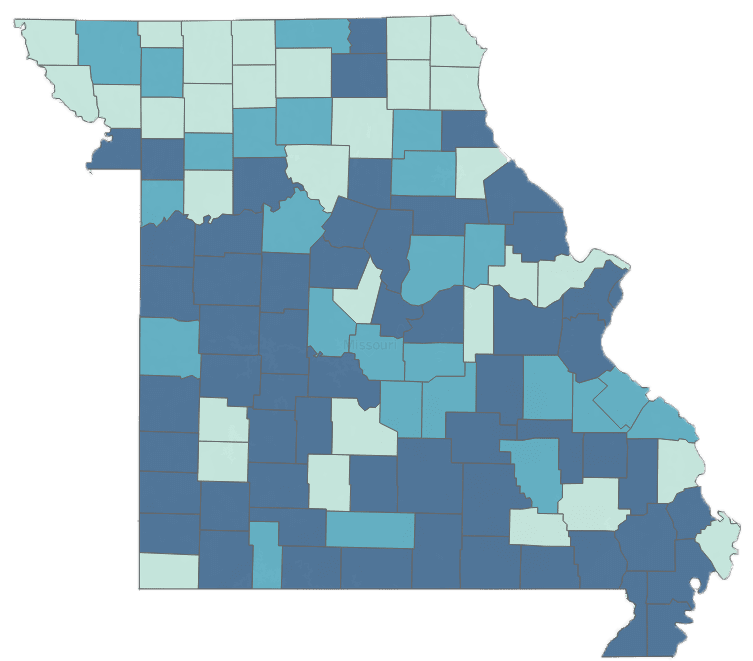 A map of Missouri with county boundaries. Counties are shaded progressively darker by the reported rate of food insecurity among children. This information is from Feeding America's Map the Meal Gap dataset.